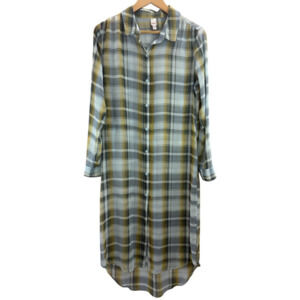 Bongo Women's Plaid Sheer Button Long Sleeve Shirt Dress L Boho Beachy Festival